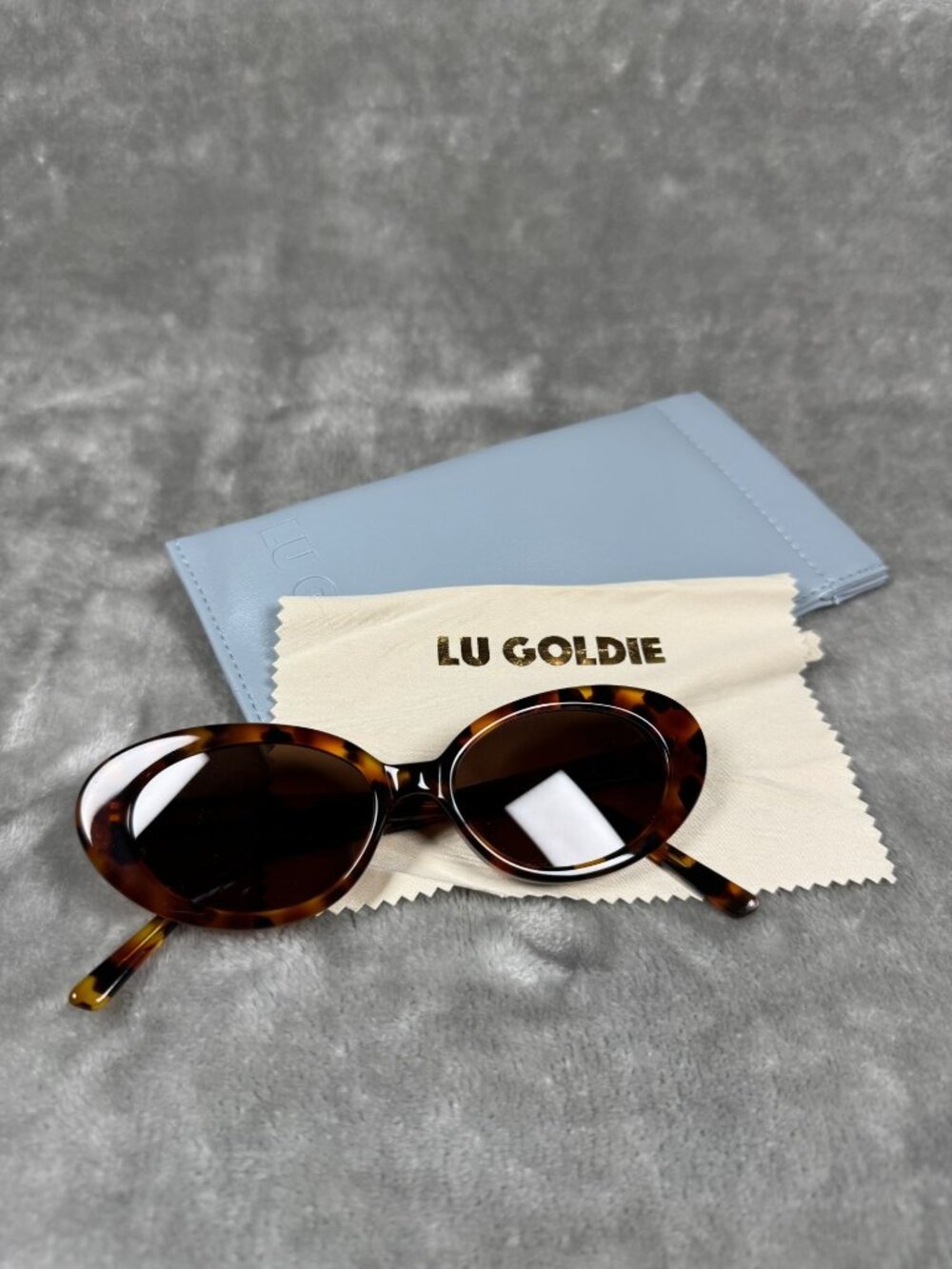 Lu Goldie Jeanne Tortoise Oval Sunglasses With Case & Cleaning Cloth